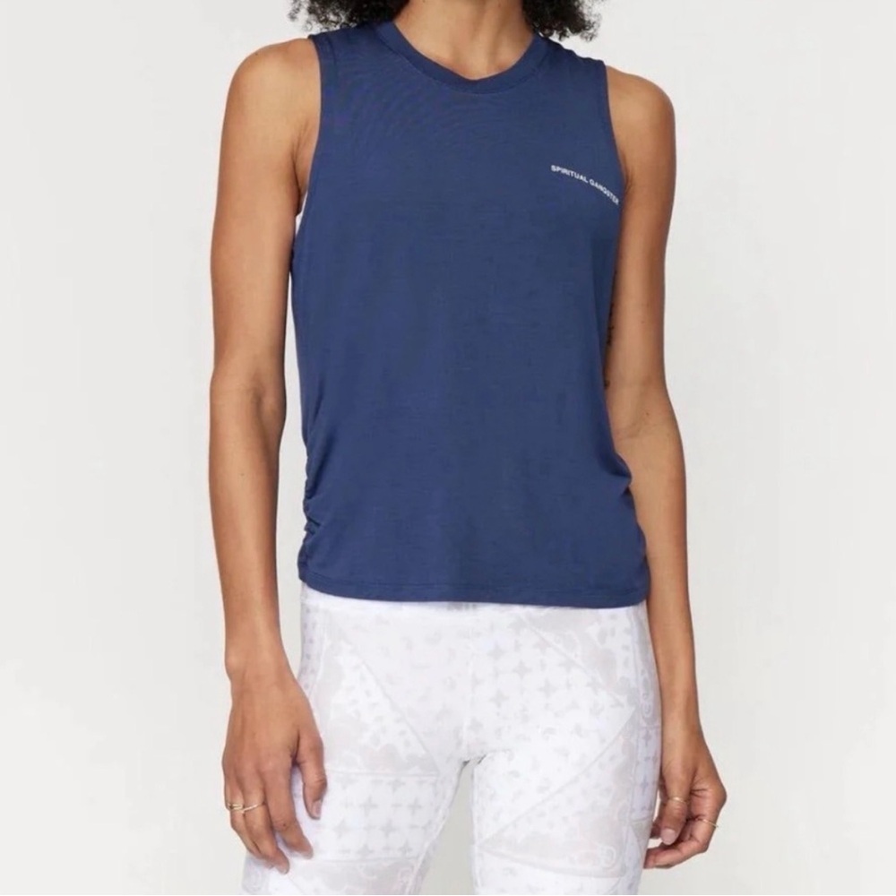 SPIRITUAL GANGSTER O-Ring Back Accent Navy Blue Short Sleeve Tank Top Yoga